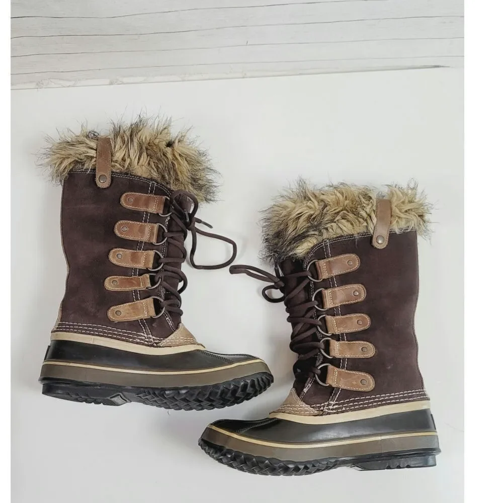 Sorel Joan Of Arctic Faux Fur Trim Waterproof  Snow Boots in Brown, sz 6